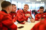 3 February 2025; Derry City's Mark Connolly and Carl Winchester, left, at their new training facility, the Owenbeg Derry GAA Centre, in Dungiven, Derry. Photo by Stephen McCarthy/Sportsfile