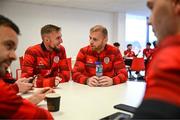 3 February 2025; Derry City's Mark Connolly and Carl Winchester, left, at their new training facility, the Owenbeg Derry GAA Centre, in Dungiven, Derry. Photo by Stephen McCarthy/Sportsfile