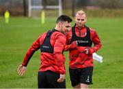 3 February 2025; Derry City's Mark Connolly and Patrick Hoban, left, during a pitch training session at their new training facility, the Owenbeg Derry GAA Centre, in Dungiven, Derry. Photo by Stephen McCarthy/Sportsfile