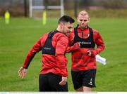 3 February 2025; Derry City's Mark Connolly and Patrick Hoban, left, during a pitch training session at their new training facility, the Owenbeg Derry GAA Centre, in Dungiven, Derry. Photo by Stephen McCarthy/Sportsfile