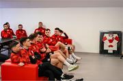 3 February 2025; Derry City players wait for their team meeting to begin at their new training facility, the Owenbeg Derry GAA Centre, in Dungiven, Derry. Photo by Stephen McCarthy/Sportsfile