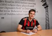 4 February 2025; Bohemians new signing Alex Lacey poses for a portrait during his unveiling at Bohemian FC offices in Dublin. Photo by Piaras Ó Mídheach/Sportsfile