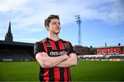 4 February 2025; Bohemians new signing Alex Lacey poses for a portrait during his unveiling at Dalymount Park in Dublin. Photo by Piaras Ó Mídheach/Sportsfile