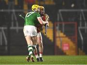 1 February 2025; Séamus Flanagan of Limerick and Niall O'Leary of Cork during the Allianz Hurling League Division 1A match between Cork and Limerick at SuperValu Páirc Uí Chaoimh in Cork. Photo by Piaras Ó Mídheach/Sportsfile