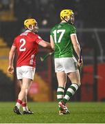 1 February 2025; Séamus Flanagan of Limerick and Niall O'Leary of Cork during the Allianz Hurling League Division 1A match between Cork and Limerick at SuperValu Páirc Uí Chaoimh in Cork. Photo by Piaras Ó Mídheach/Sportsfile