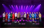 5 February 2025; Ashley Morrow, head of brand, advertising and sponsorship at SSE Airtricity; and League of Ireland director Mark Scanlon with SSE Airtricity Women's Premier Division players, from left, Ciara McNamara of Cork City, Eimear Lafferty of Sligo Rovers, Keelin Dodd of DLR Waves, Karen Duggan of Peamount United, Pearl Slattery of Shelbourne, Izzy Groves of Athlone Town, Lynsey McKey of Galway United, Jillian O'Toole of Treaty United, Aine O'Gorman of Shamrock Rovers, Danielle Griffin of Waterford, Ciara Rossiter of Wexford and Rachel Kelly of Bohemians during the SSE Airtricity Men’s Premier Division, SSE Airtricity Men’s First Division and SSE Airtricity Women’s Premier Division Launch 2025 at Mansion House in Dublin. Photo by Stephen McCarthy/Sportsfile
