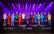5 February 2025; SSE Airtricity Women's Premier Division players, from left, Ciara McNamara of Cork City, Eimear Lafferty of Sligo Rovers, Keelin Dodd of DLR Waves, Karen Duggan of Peamount United, Pearl Slattery of Shelbourne, Izzy Groves of Athlone Town, Lynsey McKey of Galway United, Jillian O'Toole of Treaty United, Aine O'Gorman of Shamrock Rovers, Danielle Griffin of Waterford, Ciara Rossiter of Wexford and Rachel Kelly of Bohemians during the SSE Airtricity Men’s Premier Division, SSE Airtricity Men’s First Division and SSE Airtricity Women’s Premier Division Launch 2025 at Mansion House in Dublin. Photo by Stephen McCarthy/Sportsfile