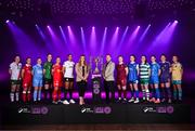 5 February 2025; Ashley Morrow, head of brand, advertising and sponsorship at SSE Airtricity; and League of Ireland director Mark Scanlon with SSE Airtricity Women's Premier Division players, from left, Ciara McNamara of Cork City, Eimear Lafferty of Sligo Rovers, Keelin Dodd of DLR Waves, Karen Duggan of Peamount United, Pearl Slattery of Shelbourne, Izzy Groves of Athlone Town, Lynsey McKey of Galway United, Jillian O'Toole of Treaty United, Aine O'Gorman of Shamrock Rovers, Danielle Griffin of Waterford, Ciara Rossiter of Wexford and Rachel Kelly of Bohemians during the SSE Airtricity Men’s Premier Division, SSE Airtricity Men’s First Division and SSE Airtricity Women’s Premier Division Launch 2025 at Mansion House in Dublin. Photo by Stephen McCarthy/Sportsfile