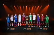 5 February 2025; SSE Airtricity Men's First Division players, from left, Anto Dodd of Finn Harps, Aodh Dervin of Dundalk, Yoyo Mahdy of Treaty United, Eanna Clancy of UCD, Cian Coleman of Cobh Ramblers, Killian Cantwell of Bray Wanderers, German Fuentes Rodriguez of Athlone Town, Aaron Dobbs of Wexford, Dean O'Shea of Longford Town and Sean McGrath of Kerry during the SSE Airtricity Men’s Premier Division, SSE Airtricity Men’s First Division and SSE Airtricity Women’s Premier Division Launch 2025 at Mansion House in Dublin. Photo by Stephen McCarthy/Sportsfile