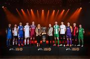 5 February 2025; Ashley Morrow, head of brand, advertising and sponsorship at SSE Airtricity; and League of Ireland director Mark Scanlon with SSE Airtricity Men's First Division players, from left, Anto Dodd of Finn Harps, Aodh Dervin of Dundalk, Yoyo Mahdy of Treaty United, Eanna Clancy of UCD, Cian Coleman of Cobh Ramblers, Killian Cantwell of Bray Wanderers, German Fuentes Rodriguez of Athlone Town, Aaron Dobbs of Wexford, Dean O'Shea of Longford Town and Sean McGrath of Kerry during the SSE Airtricity Men’s Premier Division, SSE Airtricity Men’s First Division and SSE Airtricity Women’s Premier Division Launch 2025 at Mansion House in Dublin. Photo by Stephen McCarthy/Sportsfile