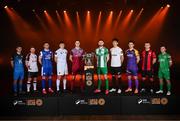 5 February 2025; SSE Airtricity Men's First Division players, from left, Anto Dodd of Finn Harps, Aodh Dervin of Dundalk, Yoyo Mahdy of Treaty United, Eanna Clancy of UCD, Cian Coleman of Cobh Ramblers, Killian Cantwell of Bray Wanderers, German Fuentes Rodriguez of Athlone Town, Aaron Dobbs of Wexford, Dean O'Shea of Longford Town and Sean McGrath of Kerry during the SSE Airtricity Men’s Premier Division, SSE Airtricity Men’s First Division and SSE Airtricity Women’s Premier Division Launch 2025 at Mansion House in Dublin. Photo by Stephen McCarthy/Sportsfile