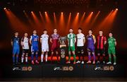 5 February 2025; SSE Airtricity Men's First Division players, from left, Anto Dodd of Finn Harps, Aodh Dervin of Dundalk, Yoyo Mahdy of Treaty United, Eanna Clancy of UCD, Cian Coleman of Cobh Ramblers, Killian Cantwell of Bray Wanderers, German Fuentes Rodriguez of Athlone Town, Aaron Dobbs of Wexford, Dean O'Shea of Longford Town and Sean McGrath of Kerry during the SSE Airtricity Men’s Premier Division, SSE Airtricity Men’s First Division and SSE Airtricity Women’s Premier Division Launch 2025 at Mansion House in Dublin. Photo by Stephen McCarthy/Sportsfile