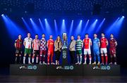 5 February 2025; League of Ireland director Mark Scanlon and Ashley Morrow, head of brand, advertising and sponsorship at SSE Airtricity; with SSE Airtricity Men’s Premier Division players, from left, Keith Buckley of Bohemians, Charlie Lyons of Cork City, Robbie Benson of Derry City, Ryan Brennan of Drogheda United, Mark Coyle of Shelbourne, Trevor Clarke of Shamrock Rovers, Joe Redmond of St Patrick's Athletic, Andy Boyle of Waterford, John Mahon of Sligo Rovers and Greg Cunningham of Galway United during the SSE Airtricity Men’s Premier Division, SSE Airtricity Men’s First Division and SSE Airtricity Women’s Premier Division Launch 2025 at Mansion House in Dublin. Photo by Stephen McCarthy/Sportsfile