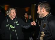 5 February 2025; Republic of Ireland women's national team manager Carla Ward with Bohemians women manager Alban Hysa during the SSE Airtricity Men’s Premier Division, SSE Airtricity Men’s First Division and SSE Airtricity Women’s Premier Division Launch 2025 at Mansion House in Dublin. Photo by David Fitzgerald/Sportsfile