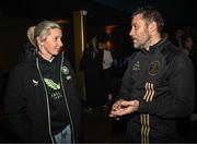 5 February 2025; Republic of Ireland women's national team manager Carla Ward with Bohemians women manager Alban Hysa during the SSE Airtricity Men’s Premier Division, SSE Airtricity Men’s First Division and SSE Airtricity Women’s Premier Division Launch 2025 at Mansion House in Dublin. Photo by David Fitzgerald/Sportsfile