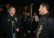 5 February 2025; Republic of Ireland women's national team manager Carla Ward with Bohemians women manager Alban Hysa during the SSE Airtricity Men’s Premier Division, SSE Airtricity Men’s First Division and SSE Airtricity Women’s Premier Division Launch 2025 at Mansion House in Dublin. Photo by David Fitzgerald/Sportsfile