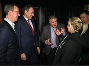 5 February 2025; Minister of State at the Department of Tourism, Culture, Arts, Gaeltacht, Sport and Media with special responsibility for Sport and Postal Policy Charlie McConalogue TD, centre, with FAI chief executive David Courell, left, FAI president Paul Cooke and Republic of Ireland women's national team manager Carla Ward during the SSE Airtricity Men’s Premier Division, SSE Airtricity Men’s First Division and SSE Airtricity Women’s Premier Division Launch 2025 at Mansion House in Dublin. Photo by David Fitzgerald/Sportsfile