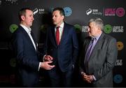 5 February 2025; Minister of State at the Department of Tourism, Culture, Arts, Gaeltacht, Sport and Media with special responsibility for Sport and Postal Policy Charlie McConalogue TD, with FAI chief executive David Courell, left, and FAI president Paul Cooke during the SSE Airtricity Men’s Premier Division, SSE Airtricity Men’s First Division and SSE Airtricity Women’s Premier Division Launch 2025 at Mansion House in Dublin. Photo by David Fitzgerald/Sportsfile