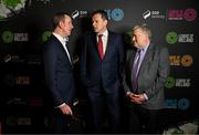 5 February 2025; Minister of State at the Department of Tourism, Culture, Arts, Gaeltacht, Sport and Media with special responsibility for Sport and Postal Policy Charlie McConalogue TD, with FAI chief executive David Courell, left, and FAI president Paul Cooke during the SSE Airtricity Men’s Premier Division, SSE Airtricity Men’s First Division and SSE Airtricity Women’s Premier Division Launch 2025 at Mansion House in Dublin. Photo by David Fitzgerald/Sportsfile