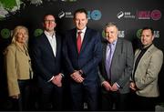 5 February 2025; Minister of State at the Department of Tourism, Culture, Arts, Gaeltacht, Sport and Media with special responsibility for Sport and Postal Policy Charlie McConalogue TD with, from left, FAI board member Caroline Rhatigan, FAI chief executive David Courell, FAI president Paul Cooke and League of Ireland director Mark Scanlon during the SSE Airtricity Men’s Premier Division, SSE Airtricity Men’s First Division and SSE Airtricity Women’s Premier Division Launch 2025 at Mansion House in Dublin. Photo by David Fitzgerald/Sportsfile