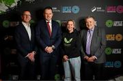 5 February 2025; Minister of State at the Department of Tourism, Culture, Arts, Gaeltacht, Sport and Media with special responsibility for Sport and Postal Policy Charlie McConalogue TD, centre, with FAI chief executive David Courell, left, FAI president Paul Cooke and Republic of Ireland women's national team manager Carla Ward during the SSE Airtricity Men’s Premier Division, SSE Airtricity Men’s First Division and SSE Airtricity Women’s Premier Division Launch 2025 at Mansion House in Dublin. Photo by David Fitzgerald/Sportsfile