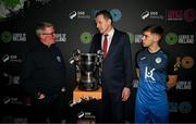 5 February 2025; Minister of State at the Department of Tourism, Culture, Arts, Gaeltacht, Sport and Media with special responsibility for Sport and Postal Policy Charlie McConalogue TD with Finn Harps manager Darren Murphy and Anto Dodd, right, during the SSE Airtricity Men’s Premier Division, SSE Airtricity Men’s First Division and SSE Airtricity Women’s Premier Division Launch 2025 at Mansion House in Dublin. Photo by David Fitzgerald/Sportsfile