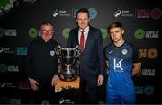 5 February 2025; Minister of State at the Department of Tourism, Culture, Arts, Gaeltacht, Sport and Media with special responsibility for Sport and Postal Policy Charlie McConalogue TD with Finn Harps manager Darren Murphy and Anto Dodd, right, during the SSE Airtricity Men’s Premier Division, SSE Airtricity Men’s First Division and SSE Airtricity Women’s Premier Division Launch 2025 at Mansion House in Dublin. Photo by David Fitzgerald/Sportsfile