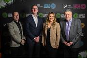 5 February 2025; Ashley Morrow, head of brand, advertising and sponsorship at SSE Airtricity; with, from left, League of Ireland director Mark Scanlon, FAI chief executive David Courell and FAI president Paul Cooke during the SSE Airtricity Men’s Premier Division, SSE Airtricity Men’s First Division and SSE Airtricity Women’s Premier Division Launch 2025 at Mansion House in Dublin. Photo by David Fitzgerald/Sportsfile