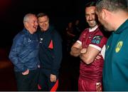 5 February 2025; Galway United manager John Caulfield, left, with Shelbourne manager Damien Duff, Greg Cunningham of Galway United and Cork City manager Tim Clancy, right, during the SSE Airtricity Men’s Premier Division, SSE Airtricity Men’s First Division and SSE Airtricity Women’s Premier Division Launch 2025 at Mansion House in Dublin. Photo by David Fitzgerald/Sportsfile