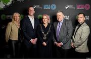 5 February 2025; Lord Mayor Emma Blain; with, from left, FAI board member Caroline Rhatigan, FAI chief executive David Courell, FAI president Paul Cooke and League of Ireland director Mark Scanlon during the SSE Airtricity Men’s Premier Division, SSE Airtricity Men’s First Division and SSE Airtricity Women’s Premier Division Launch 2025 at Mansion House in Dublin. Photo by David Fitzgerald/Sportsfile