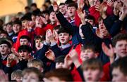 4 February 2025; Wesley College supporters during the Bank of Ireland Leinster Rugby Boys Schools Junior Cup First Round match between Wesley College and Gonzaga College at Energia Park in Dublin. Photo by Shauna Clinton/Sportsfile