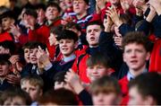 4 February 2025; Wesley College supporters during the Bank of Ireland Leinster Rugby Boys Schools Junior Cup First Round match between Wesley College and Gonzaga College at Energia Park in Dublin. Photo by Shauna Clinton/Sportsfile