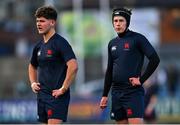 4 February 2025; Wesley College players Hlib Reznichenko, left, and Marius Pienaar during the Bank of Ireland Leinster Rugby Boys Schools Junior Cup First Round match between Wesley College and Gonzaga College at Energia Park in Dublin. Photo by Shauna Clinton/Sportsfile