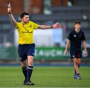 4 February 2025; Referee Kenny Colderick during the Bank of Ireland Leinster Rugby Boys Schools Junior Cup First Round match between Wesley College and Gonzaga College at Energia Park in Dublin. Photo by Shauna Clinton/Sportsfile