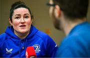 5 February 2025; Leinster Rugby, in association with Bank of Ireland, welcomed players, coaches and members of the media to College Green for the exclusive screening of ‘This Is Leinster’, a five-part behind the scenes documentary of the women’s team interprovincial success in the summer of 2024. The documentary, shot by the Leinster Rugby in-house videography team and led by Tom O’Sullivan, features never before seen footage and access with the wider squad, plus in-depth conversations with head coach Tania Rosser, captain Hannah O’Connor, and players Eimear Corri and Ruth Campbell. The documentary goes live at 7pm on Thursday evening, 6 February 2025 across all Leinster Rugby social platforms. Pictured is Leinster's Hannah O'Connor being interviewed by Off The Ball Interviewer Cameron Hill. Photo by Shauna Clinton/Sportsfile
