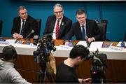 6 February 2025; Ard Stiúrthóir of the GAA Tom Ryan, right, alongside Uachtarán Chumann Lúthchleas Gael Jarlath Burns, centre, and Croke Park Stadium Director Peter McKenna, during the GAA Annual Report media event at Croke Park in Dublin. Photo by Seb Daly/Sportsfile