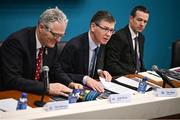 6 February 2025; Ard Stiúrthóir of the GAA Tom Ryan, centre, alongside Uachtarán Chumann Lúthchleas Gael Jarlath Burns, left, and GAA director of finance Ger Mulryan, during the GAA Annual Report media event at Croke Park in Dublin. Photo by Seb Daly/Sportsfile