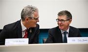 6 February 2025; Uachtarán Chumann Lúthchleas Gael Jarlath Burns, left, and Ard Stiúrthóir of the GAA Tom Ryan during the GAA Annual Report media event at Croke Park in Dublin. Photo by Seb Daly/Sportsfile