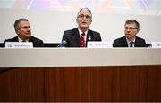 6 February 2025; Uachtarán Chumann Lúthchleas Gael Jarlath Burns, centre, alongside Ard Stiúrthóir of the GAA Tom Ryan, right, and Croke Park Stadium Director Peter McKenna, during the GAA Annual Report media event at Croke Park in Dublin. Photo by Seb Daly/Sportsfile