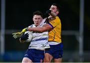 6 February 2025; Alex Gavin of DCU Dóchas Éireann is elbowed by Eoin McElholm of Ulster University during the Electric Ireland Higher Education GAA Sigerson Cup semi-final match between Ulster University and DCU Dóchas Éireann at Kingspan Breffni Park in Cavan. Photo by Tyler Miller/Sportsfile