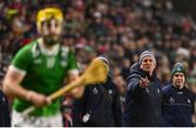 1 February 2025; Limerick manager John Kiely looks on as Séamus Flanagan of Limerick puts his hand up for a pass during the Allianz Hurling League Division 1A match between Cork and Limerick at SuperValu Páirc Uí Chaoimh in Cork. Photo by Piaras Ó Mídheach/Sportsfile