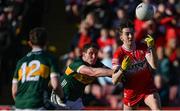 2 February 2025; Paul Cassidy of Derry in action against Tadhg Morley of Kerry during the Allianz Football League Division 1 match between Derry and Kerry at Celtic Park in Derry. Photo by Stephen McCarthy/Sportsfile
