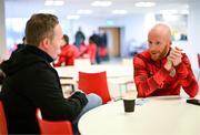 3 February 2025; Derry City's Liam Boyce speaks to the Irish Independent's Daniel McDonnell at their new training facility, the Owenbeg Derry GAA Centre, in Dungiven, Derry. Photo by Stephen McCarthy/Sportsfile