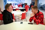 3 February 2025; Derry City's Shane Ferguson speaks to the Irish Independent's Daniel McDonnell at their new training facility, the Owenbeg Derry GAA Centre, in Dungiven, Derry. Photo by Stephen McCarthy/Sportsfile