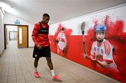 3 February 2025; Derry City's Sadou Diallo makes his way to the training pitch at their new training facility, the Owenbeg Derry GAA Centre, in Dungiven, Derry. Photo by Stephen McCarthy/Sportsfile