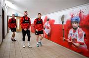 3 February 2025; Derry City players, from left, Ciaron Harkin, Carl Winchester and Shane Ferguson make their way to the training pitch at their new training facility, the Owenbeg Derry GAA Centre, in Dungiven, Derry. Photo by Stephen McCarthy/Sportsfile