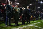 7 February 2025; President of Ireland Michael D Higgins with FAI President Paul Cooke, right, and Cliff Henry, League of Ireland operations manager, left, before the 2025 Men's FAI President's Cup final match between Shelbourne and Drogheda United at Tolka Park in Dublin. Photo by Stephen McCarthy/Sportsfile