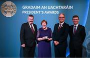 7 February 2025; Leinster award recipient Margaret Byrne of Mount Leinster Rangers GAA, Carlow, with her husband Eddie and Uachtarán Chumann Lúthchleas Gael Jarlath Burns and Ard Stiúrthóir of the GAA Tom Ryan during the Gradaim an Uachtaráin at Croke Park in Dublin. Photo by Seb Daly/Sportsfile