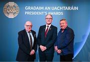 7 February 2025; International award recipient Martin Grogan of Roger Casements GAA Club, Warwickshire, left, and Uachtarán Chumann Lúthchleas Gael Jarlath Burns, centre, during the Gradaim an Uachtaráin at Croke Park in Dublin. Photo by Seb Daly/Sportsfile