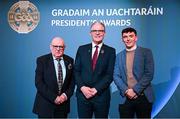 7 February 2025; International award recipient Martin Grogan of Roger Casements GAA Club, Warwickshire, left, and Uachtarán Chumann Lúthchleas Gael Jarlath Burns, centre, during the Gradaim an Uachtaráin at Croke Park in Dublin. Photo by Seb Daly/Sportsfile